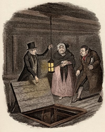 In presenza di Monsieur Bumble e Madame Corney, Monks distrugge il medaglione di Oliver Twist - Illustrazione per 