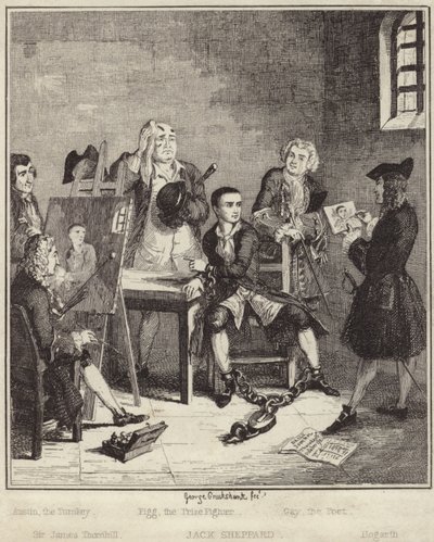 Jack Sheppard che fa dipingere il suo ritratto da Sir James Thornhill in prigione da George Cruikshank