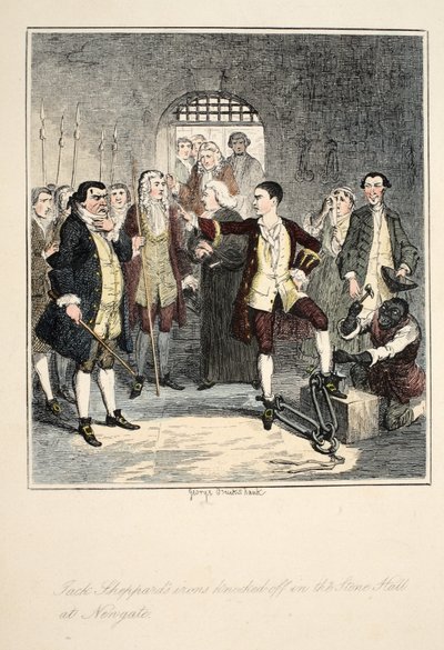 Le catene di Jack Sheppard rimosse nella Sala di Pietra a Newgate, illustrazione da Jack Sheppard: Un romanzo di William Harrison Ainsworth, pubblicato 1839 da George Cruikshank