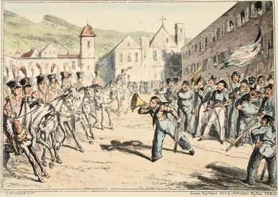 La tromba di sfida di Jack, da Greenwich Hospital, una serie di schizzi navali, descrittivi della vita di un uomo di guerra, pub. 1826 (incisione colorata a mano) da George Cruikshank