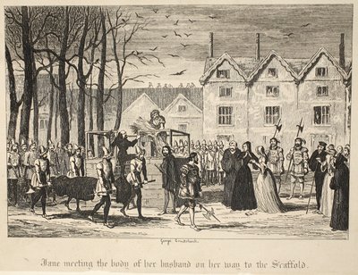 Jane incontra il corpo del marito sulla strada per il Patibolo, da La Torre di Londra, pub. 1840 da George Cruikshank