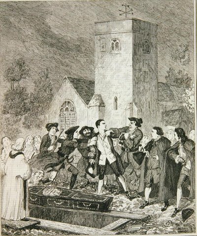 Jonathan Wild che cattura Jack al funerale di sua madre nel cimitero di Willesden, illustrazione da 