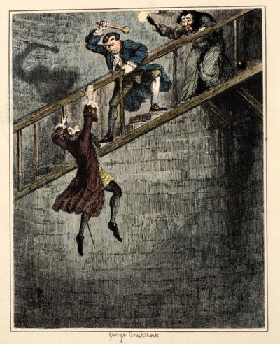 Jonathan Wild getta Sir Rowland Trenchard nel pozzo, illustrazione da 