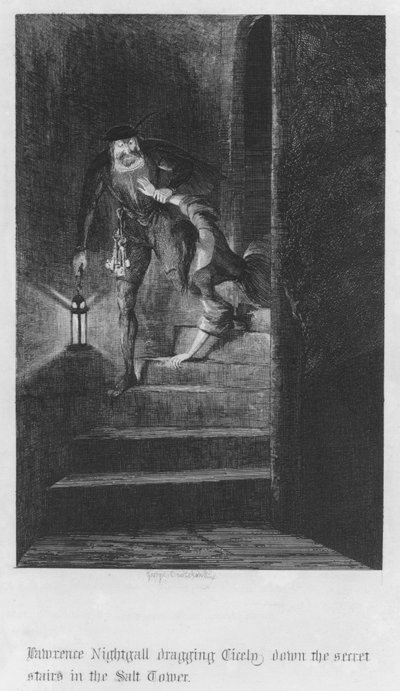 Lawrence Nightgall trascina Cicely giù per le scale segrete nella Torre del Sale (incisione) da George Cruikshank