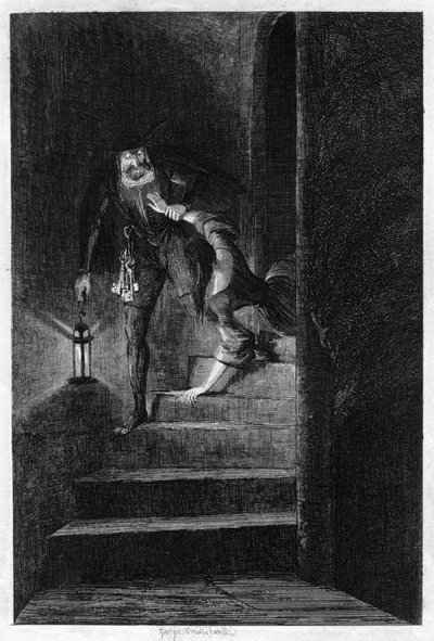 Lawrence Nightgall trascina Cicely giù per le scale segrete nella Torre del Sale, 1840 da George Cruikshank