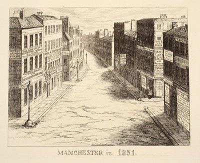 Manchester nel 1851, da 1851 o Le avventure del signor e della signora Sandboys e della loro famiglia che vennero a Londra per divertirsi e vedere la Grande Esposizione, pub. 1851 da George Cruikshank