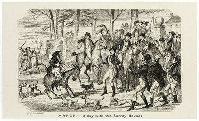Marzo - Un giorno con i segugi del Surrey dalle acqueforti di George Cruikshank per The Comic Almanacks: 1835-1853 da George Cruikshank