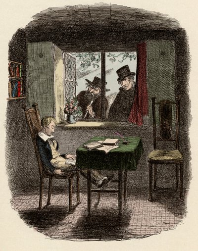 Monks e Fagin osservano Oliver dormire nella biblioteca dei Maylie - Illustrazione per 