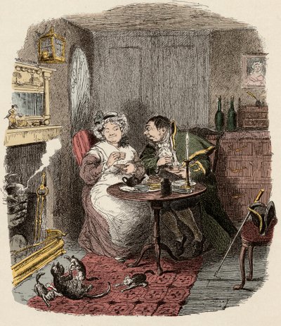 Monsieur Bumble e Madame Corney prendono il tè - Illustrazione per 