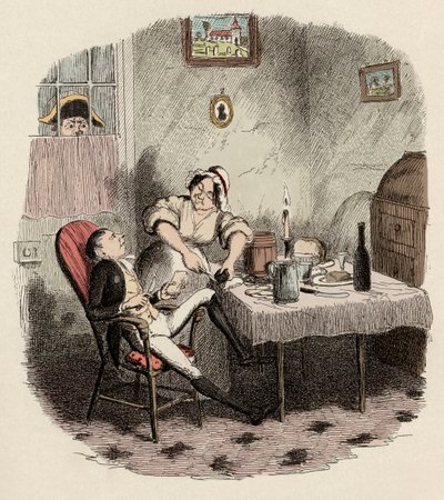 Monsieur Bumble osserva Noe Claypole e Charlotte - Mr Claypole come appariva quando il suo padrone era fuori - Illustrazione per 