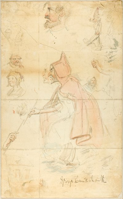 Madre Shipton (recto); Foglio di schizzi: giglio e figure (verso) da George Cruikshank