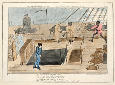 Il signor B al turno di guardia - soffia il vento freddo e arriva la pioggia, da Il progresso di un guardiamarina, pub. 1835 da George Cruikshank