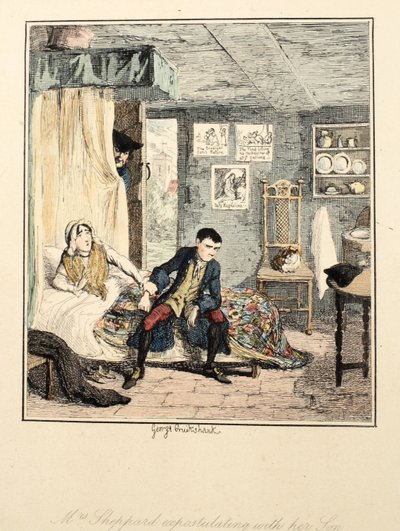 La Signora Sheppard discute con suo figlio, illustrazione da Jack Sheppard: Un Romanzo di William Harrison Ainsworth, pub. 1839 da George Cruikshank