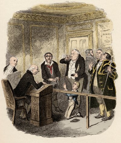 Oliver supplica il giudice dei bambini di non farlo diventare apprendista di Gamfield, lo spazzacamino - Oliver evita di essere legato come apprendista allo spazzacamino - Illustrazione per "Oliver Twist" (Le avventure di Oliver Twist) di Charles Dickens ( da George Cruikshank