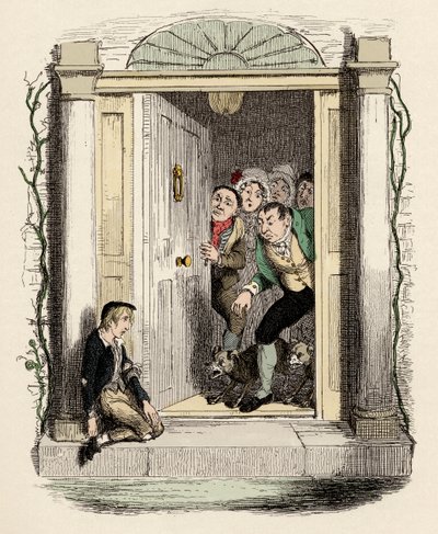 Oliver ferito e esausto chiede aiuto - Oliver Twist alla porta della signora Maylie - Illustrazione per "Oliver Twist" (Le avventure di Oliver Twist) di Charles Dickens (1812-1870) da George Cruikshank