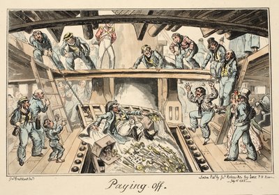 Pagare, da Greenwich Hospital, una serie di schizzi navali, descrittivi della vita di un uomo di guerra, pub. 1826 da George Cruikshank