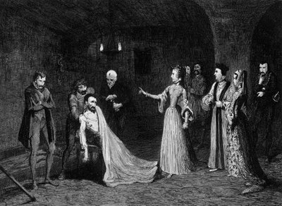 La principessa Elisabetta affronta Sir Thomas Wyatt nella camera delle torture, 1554 1840 da George Cruikshank