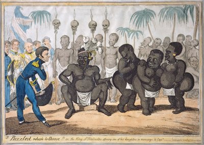 "Indeciso su quale scegliere!!, o Il Re di Tombuctù che offre una delle sue figlie in matrimonio al Capitano", dopo il Capitano E. Judel, pub. da G. Humphrey da George Cruikshank