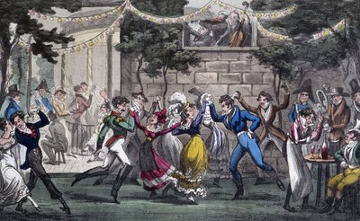 Quadriglia nel salone di Marte, agli Champs Elysée - in "Life in Paris" di David Carey, Londra da George Cruikshank