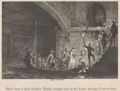 La Regina Jane e Lord Guilford Dudley riportati alla Torre attraverso il Cancello dei Traditori da George Cruikshank