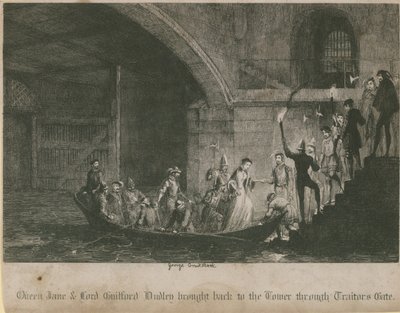 La regina Jane e Lord Guilford Dudley riportati alla Torre attraverso la Porta dei Traditori da George Cruikshank