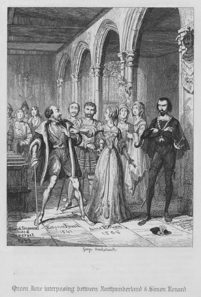 La regina Jane che interpone tra Northumberland e Simon Renard (incisione) da George Cruikshank