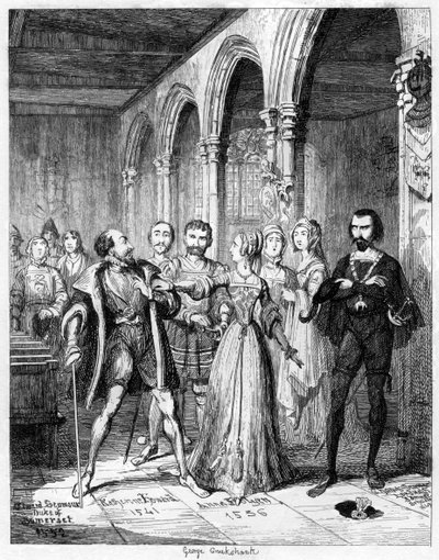 La regina Jane che intercede tra Northumberland e Simon Renard, 1553 da George Cruikshank