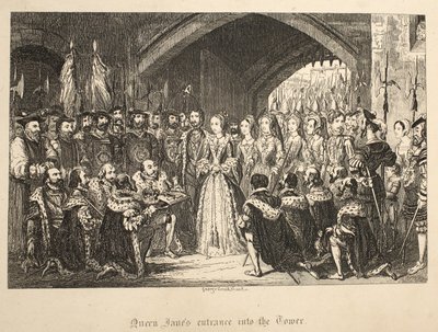 Ingresso della Regina Jane nella Torre, da The Tower of London, pub. 1840 da George Cruikshank