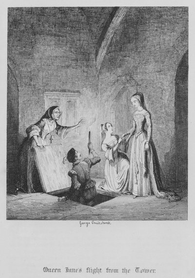 La fuga della regina Jane dalla Torre (incisione) da George Cruikshank