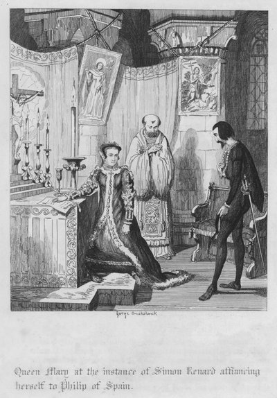 La regina Maria, su istanza di Simon Renard, si fidanza con Filippo di Spagna da George Cruikshank