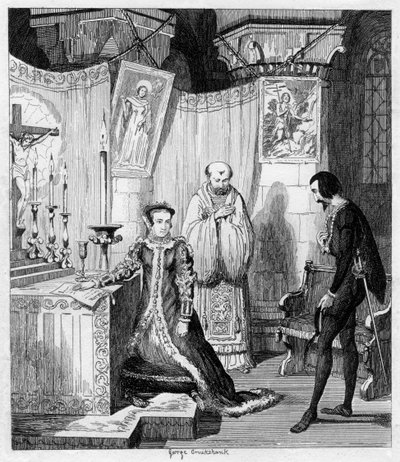 La regina Maria su consiglio di Simon Renard si fidanza con Filippo di Spagna, 1840 da George Cruikshank