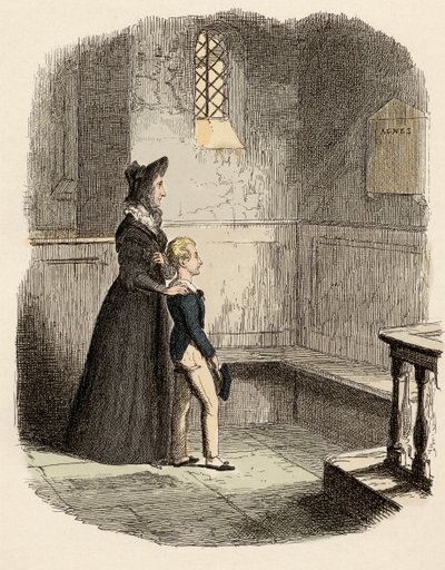 Rose Maylie e Oliver davanti alla targa commemorativa di Agnes, loro sorella e madre - Illustrazione per 