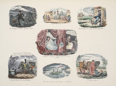 Serie di illustrazioni riguardanti i vantaggi e le carenze del possedere una gamba di legno da George Cruikshank