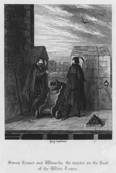 Simon Renard e Winwike il guardiano sul tetto della Torre Bianca (incisione) da George Cruikshank