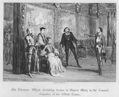 Sir Thomas Wyat detta condizioni alla Regina Maria nella Sala del Consiglio della Torre Bianca da George Cruikshank