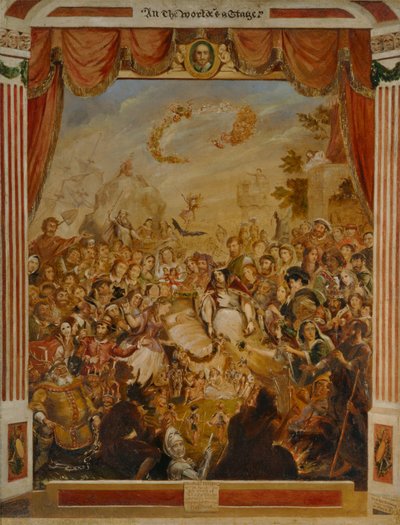La prima apparizione di William Shakespeare (1564-1616) sul palco del Globe con parte della sua compagnia drammatica nel 1564 da George Cruikshank