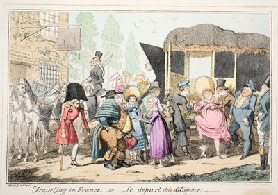 Viaggiare in Francia o Le Depart de la Diligence, pub. 1835 (incisione colorata a mano) da George Cruikshank