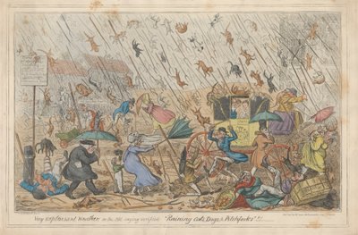 Tempo Molto Spiacevole, o, il Vecchio Detto Verificato "Piovono Gatti, Cani e Forconi."!!! da George Cruikshank