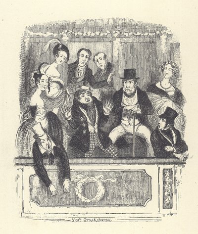 Spettatori vittoriani si affollano in un palco di un teatro di Londra (incisione) da George Cruikshank