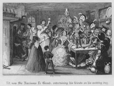 Xit, ora Sir Narcissus Le Grand, che intrattiene i suoi amici il giorno del suo matrimonio (incisione) da George Cruikshank