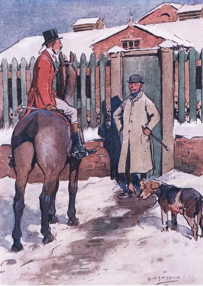 Non appena le eves iniziano a cadere, i pretendenti indossano i loro cappotti rossi e vanno al canile, da Le lezioni di Mr Jorrocks pubblicato da Hodder & Stoughton da George Denholm Armour