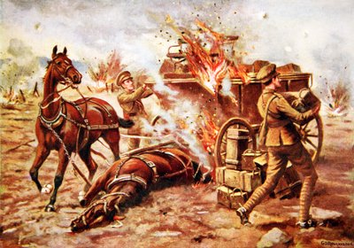 Bombardiere H.A. Creasey che aiuta a scaricare un carro di munizioni in fiamme sotto un pesante fuoco di artiglieria da George Derville Rowlandson