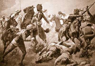 Risaldar Santa Singh, Dafadar Bisham Singh e Sowar Buda Singh che sfondano le file degli arabi per assistere il Capitano Willoughby da George Derville Rowlandson