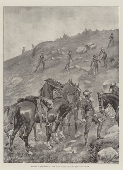 Cavaliere della Luce Imperiale che tiene i cavalli durante un attacco da George Derville Rowlandson