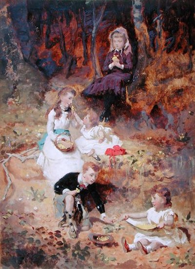 Cinque bambini che giocano nella foresta da George Elgar Hicks