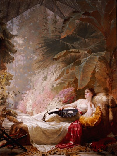 Ritratto di Adelaide Maria Guinness, sdraiata su un divano in una serra da George Elgar Hicks