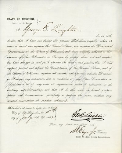 Giuramento di fedeltà di George E. Leighton del Missouri, Contea di St. Louis da George Eliot Leighton