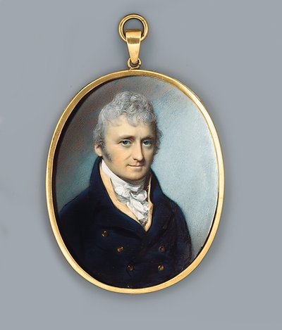 Il Signor Uthoff, in cappotto blu con bottoni dorati, gilet color buff e cravatta annodata, capelli arricciati e incipriati, 1805 da George Engleheart