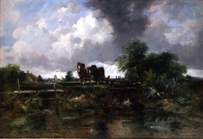 Paesaggio fluviale boscoso con cavalli che lavorano una chiusa da George Frederic Watts