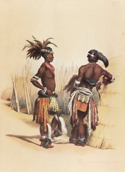 Due giovani Zulu, adornati in vivaci abiti tradizionali da George French Angas